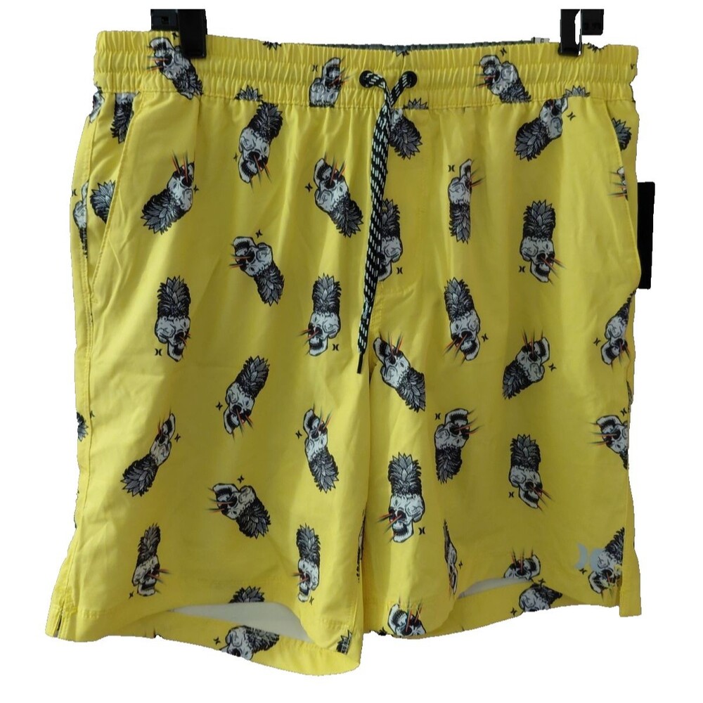NWT Hurley Swim Trunks Shorts Mens L Yellow Pineapple Skull Drawstring Quick Dry